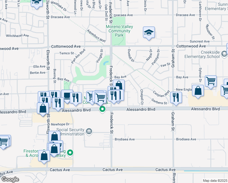 map of restaurants, bars, coffee shops, grocery stores, and more near 20 Frederick Street in Moreno Valley