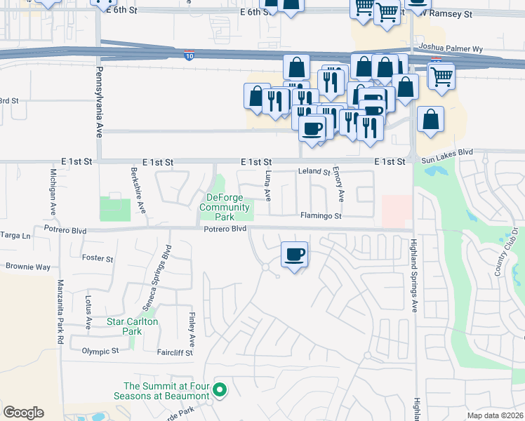 map of restaurants, bars, coffee shops, grocery stores, and more near 1490 Flamingo Street in Beaumont