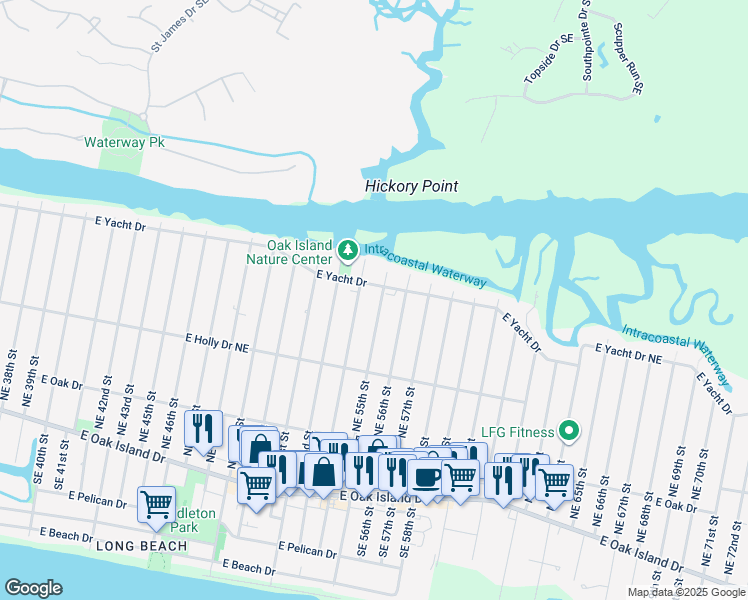 map of restaurants, bars, coffee shops, grocery stores, and more near 333 Northeast 55th Street in Oak Island