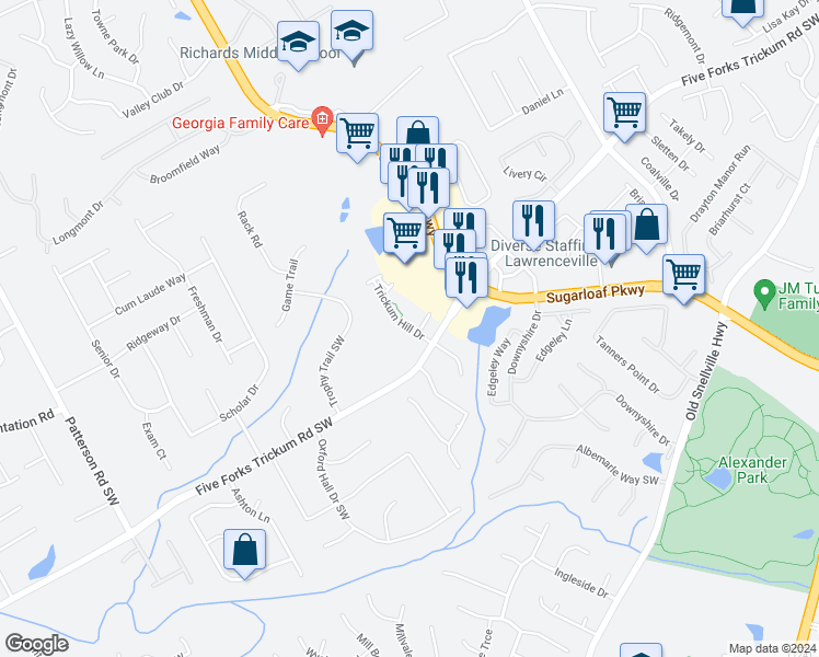 map of restaurants, bars, coffee shops, grocery stores, and more near 579 Trickum Hill Drive in Lawrenceville
