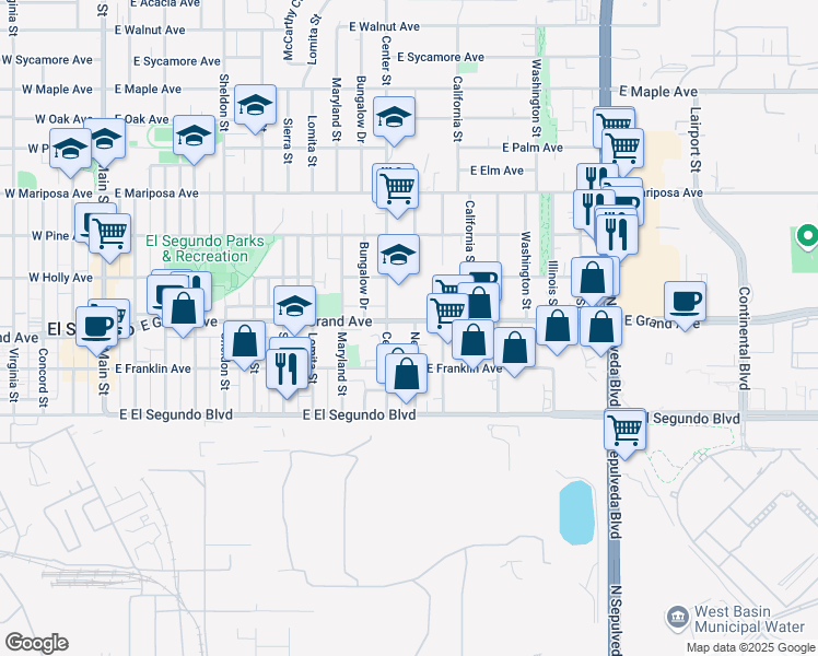 map of restaurants, bars, coffee shops, grocery stores, and more near 1111 East Grand Avenue in El Segundo
