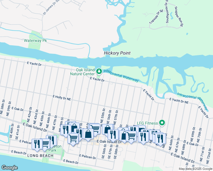 map of restaurants, bars, coffee shops, grocery stores, and more near 333 Northeast 55th Street in Oak Island