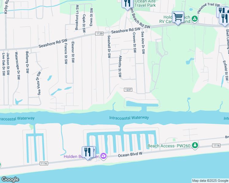 map of restaurants, bars, coffee shops, grocery stores, and more near 1987 Styron's Landing Road Southwest in Brunswick County