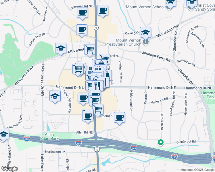 map of restaurants, bars, coffee shops, grocery stores, and more near 6015 Georgia 9 in Sandy Springs