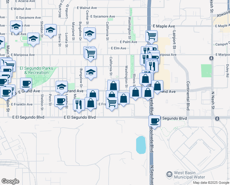 map of restaurants, bars, coffee shops, grocery stores, and more near 1420 East Grand Avenue in El Segundo