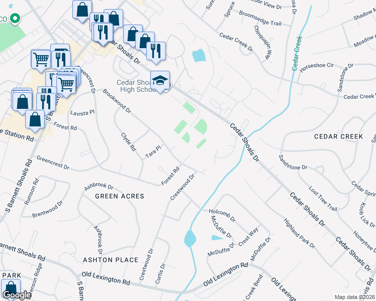map of restaurants, bars, coffee shops, grocery stores, and more near 635 Forest Road in Athens