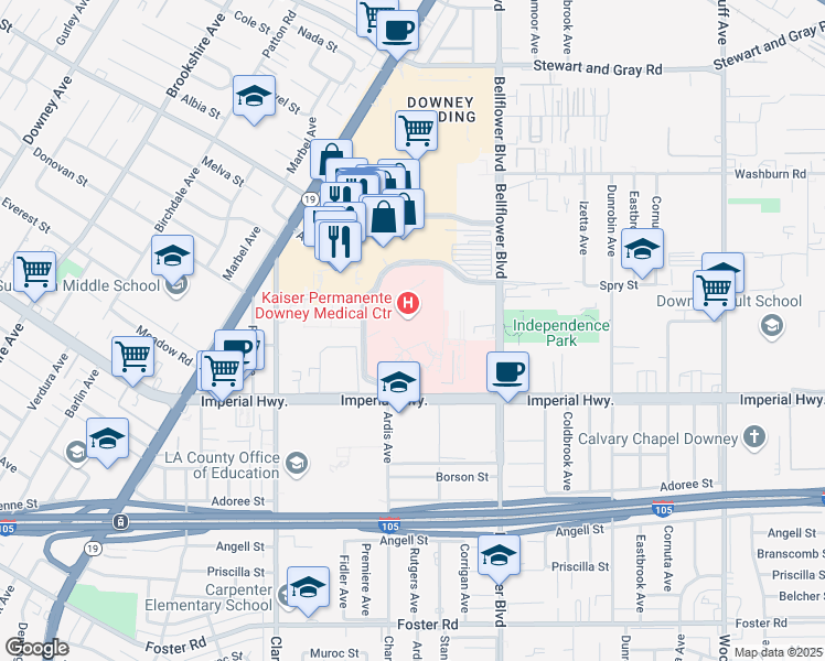 map of restaurants, bars, coffee shops, grocery stores, and more near 9333 Imperial Highway in Downey