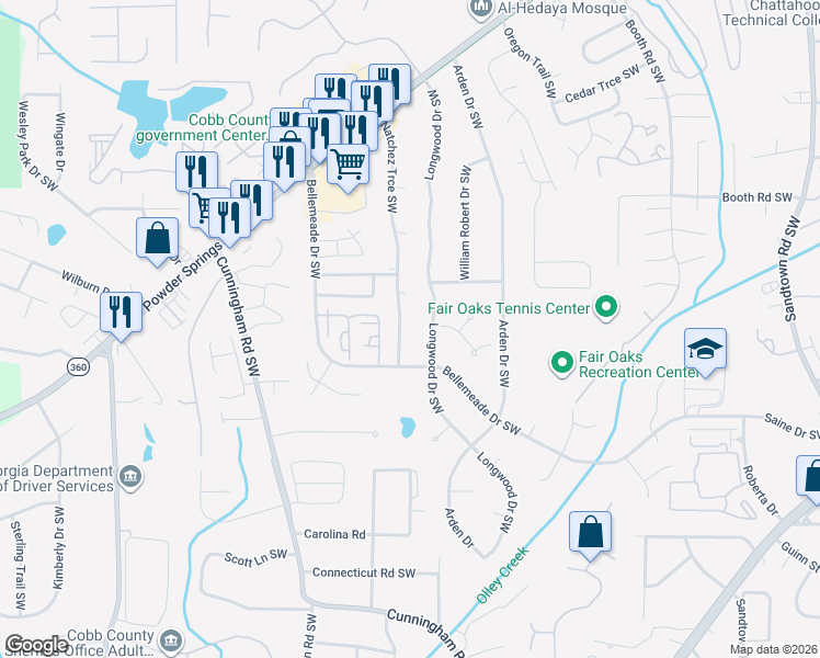 map of restaurants, bars, coffee shops, grocery stores, and more near 1365 Natchez Trce Southwest in Marietta