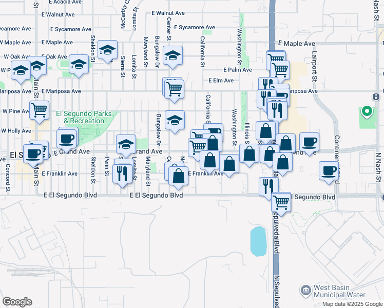 map of restaurants, bars, coffee shops, grocery stores, and more near 1228 East Grand Avenue in El Segundo