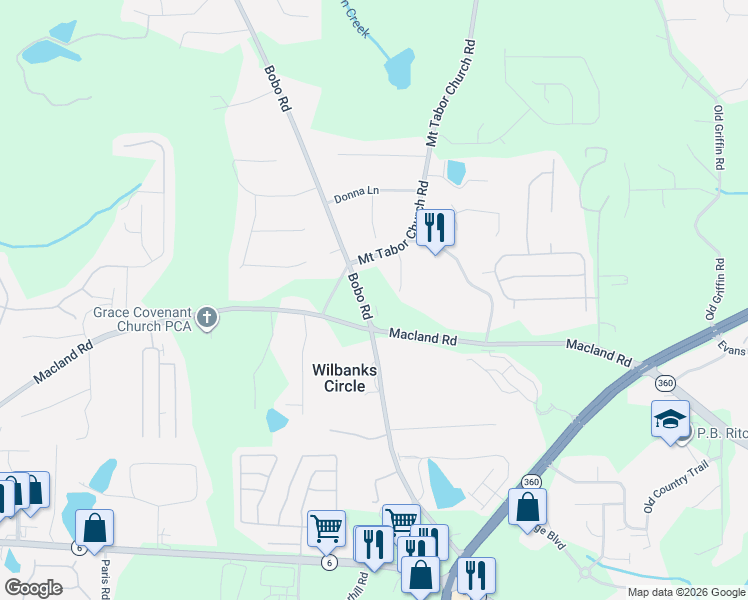 map of restaurants, bars, coffee shops, grocery stores, and more near 2783 Bobo Road in Dallas