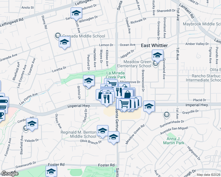 map of restaurants, bars, coffee shops, grocery stores, and more near 12203 Santa Gertrudes Avenue in La Mirada