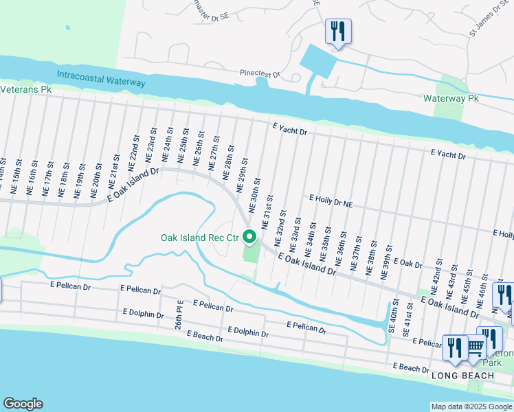 map of restaurants, bars, coffee shops, grocery stores, and more near 112 Northeast 30th Street in Oak Island