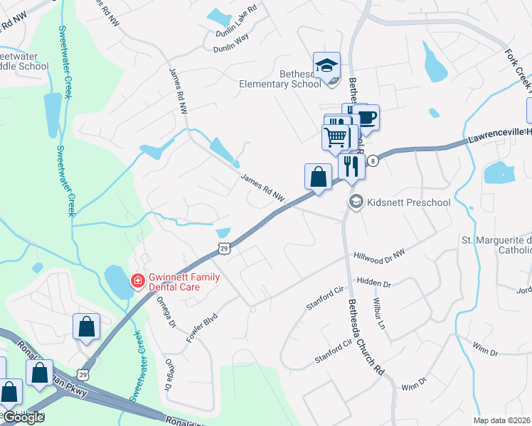 map of restaurants, bars, coffee shops, grocery stores, and more near 3156 Glenloch Place in Lawrenceville