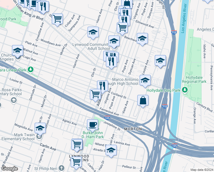 map of restaurants, bars, coffee shops, grocery stores, and more near 11560 Atlantic Avenue in Lynwood