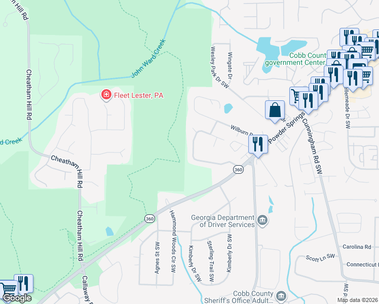 map of restaurants, bars, coffee shops, grocery stores, and more near 1115 Murray Circle Southwest in Marietta
