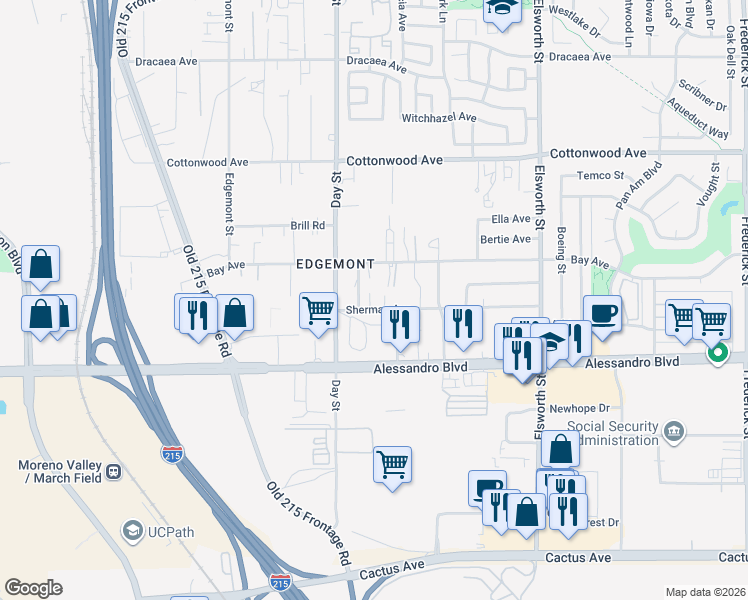 map of restaurants, bars, coffee shops, grocery stores, and more near 22094 Sherman Avenue in Moreno Valley