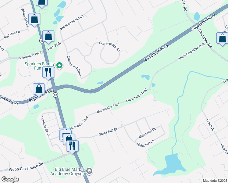 map of restaurants, bars, coffee shops, grocery stores, and more near 1274 Millennial Lane in Lawrenceville