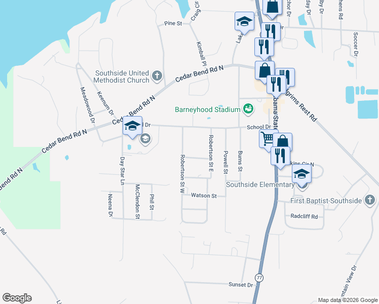 map of restaurants, bars, coffee shops, grocery stores, and more near 2301 Robertson Street West in Gadsden