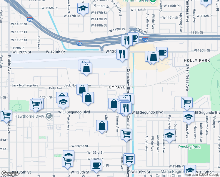 map of restaurants, bars, coffee shops, grocery stores, and more near 3124-3292 Jack Northrop Ave in Hawthorne