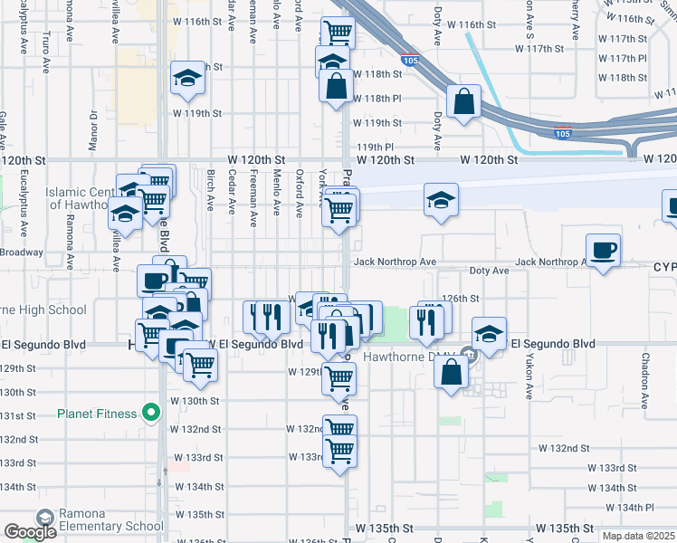 map of restaurants, bars, coffee shops, grocery stores, and more near 12435 Prairie Avenue in Hawthorne
