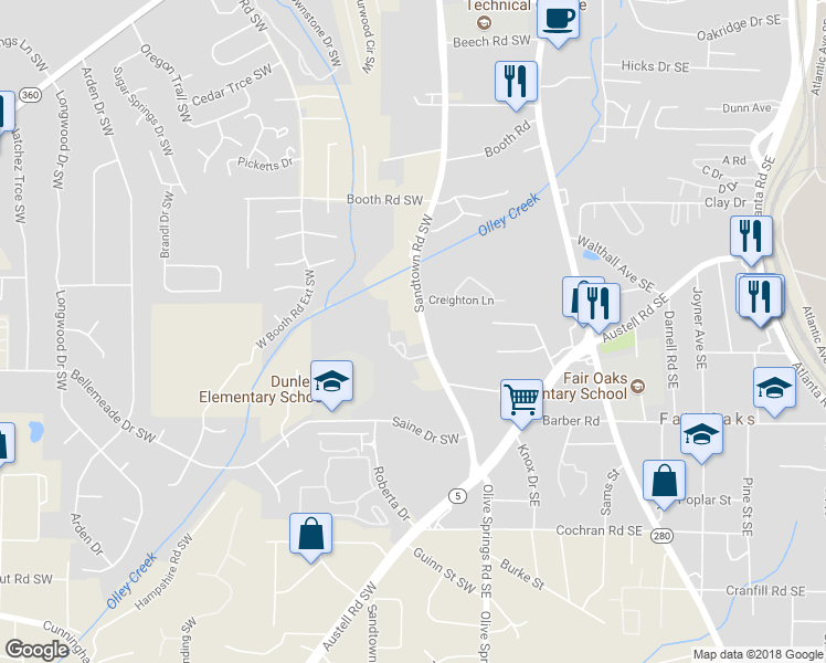 map of restaurants, bars, coffee shops, grocery stores, and more near 1386 Sandtown Road Southwest in Marietta