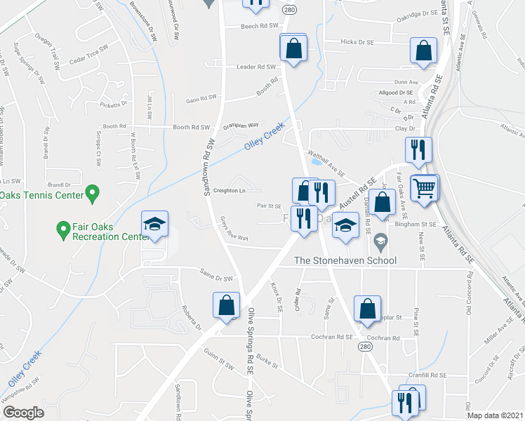 map of restaurants, bars, coffee shops, grocery stores, and more near 1374 Pair Street Southeast in Marietta