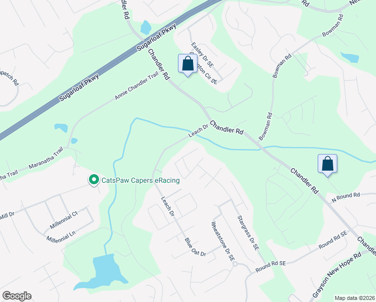 map of restaurants, bars, coffee shops, grocery stores, and more near 103 Silver Top Drive Southeast in Grayson