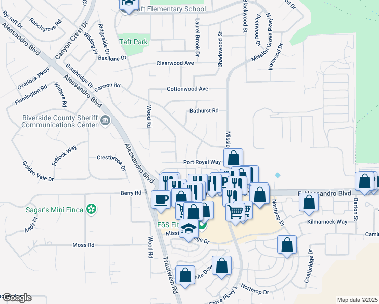 map of restaurants, bars, coffee shops, grocery stores, and more near 7250 Goldboro Lane in Riverside