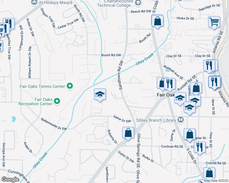 map of restaurants, bars, coffee shops, grocery stores, and more near 1399 Sandtown Green Southwest in Marietta