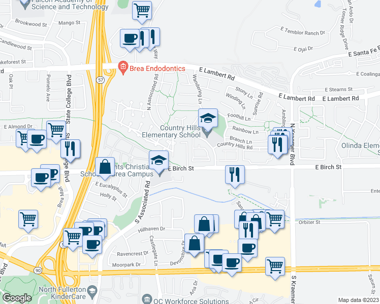 map of restaurants, bars, coffee shops, grocery stores, and more near 143 Cinnamon Ridge Road in Brea