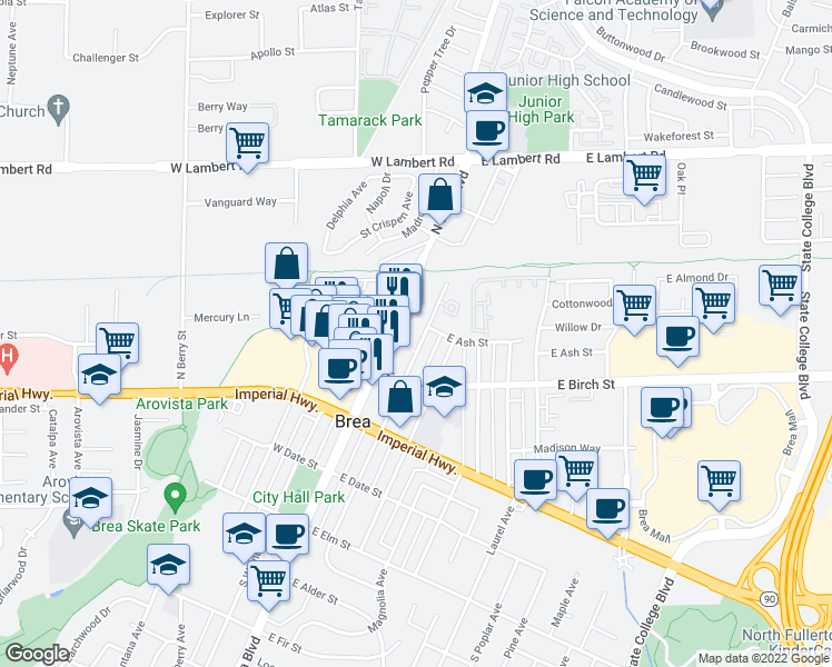 map of restaurants, bars, coffee shops, grocery stores, and more near 120 South Brea Boulevard in Brea