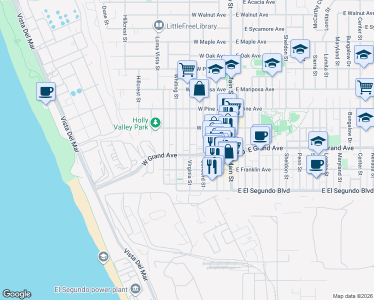 map of restaurants, bars, coffee shops, grocery stores, and more near 320 Whiting Street in El Segundo