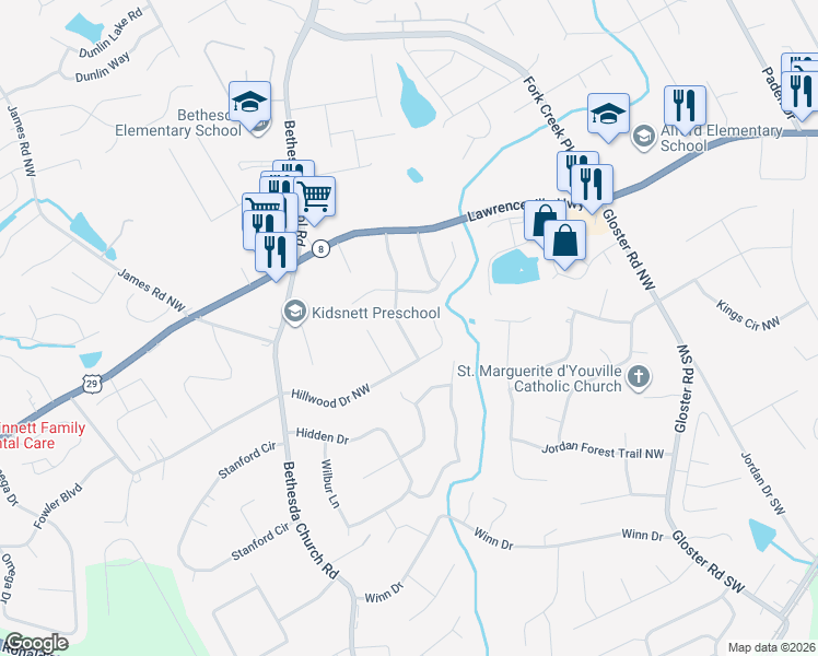 map of restaurants, bars, coffee shops, grocery stores, and more near 291 Amberwood Drive Northwest in Lawrenceville