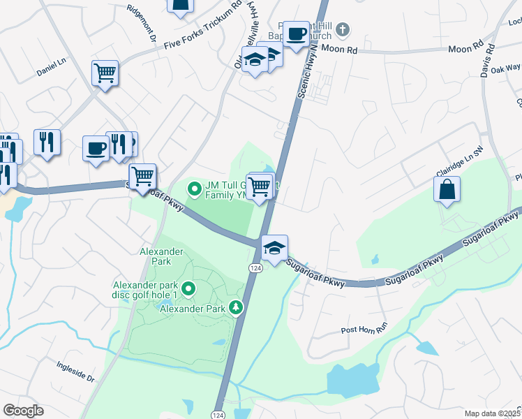 map of restaurants, bars, coffee shops, grocery stores, and more near 845A Scenic Highway South in Lawrenceville