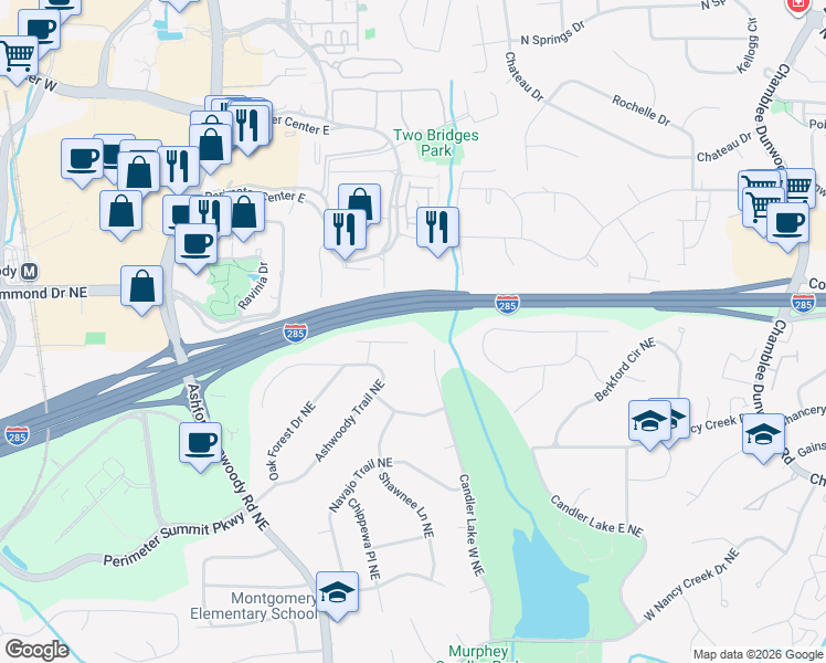 map of restaurants, bars, coffee shops, grocery stores, and more near 1462 Oak Forest Court Northeast in Atlanta