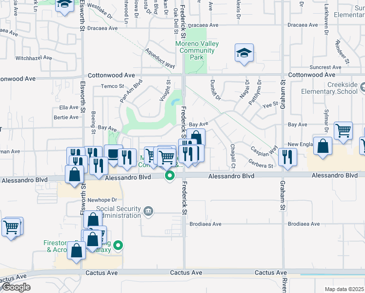map of restaurants, bars, coffee shops, grocery stores, and more near 20 Frederick Street in Moreno Valley