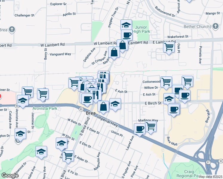 map of restaurants, bars, coffee shops, grocery stores, and more near 202 East Ash Street in Brea