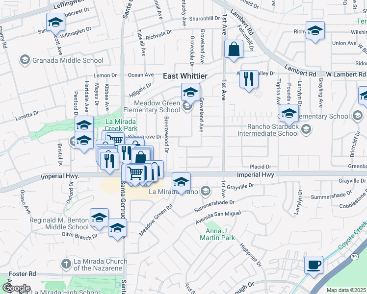 map of restaurants, bars, coffee shops, grocery stores, and more near 16035 Landmark Drive in Whittier