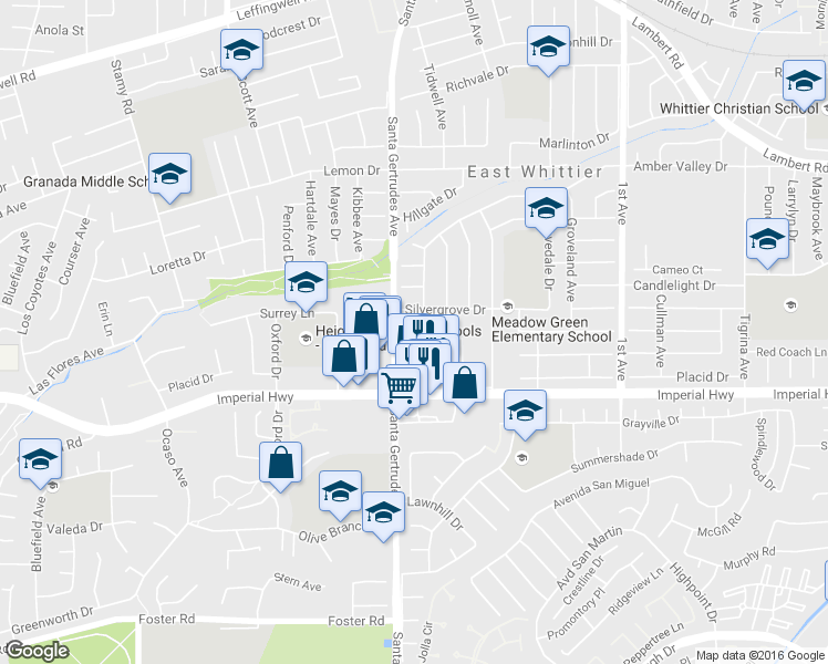 map of restaurants, bars, coffee shops, grocery stores, and more near 15839 Landmark Drive in Whittier