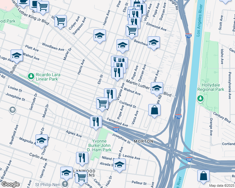 map of restaurants, bars, coffee shops, grocery stores, and more near 11560 Atlantic Avenue in Lynwood
