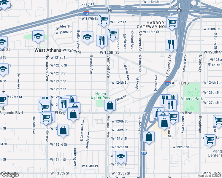 map of restaurants, bars, coffee shops, grocery stores, and more near 12420 Vermont Avenue in Los Angeles