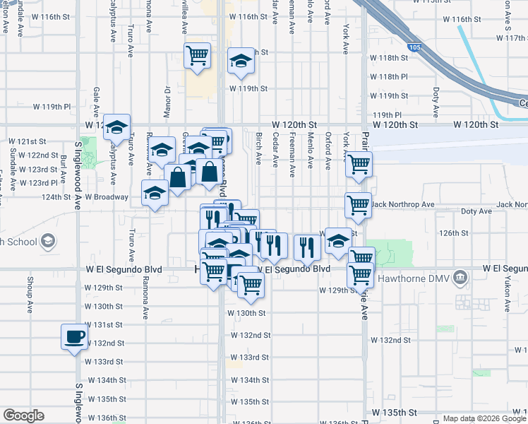 map of restaurants, bars, coffee shops, grocery stores, and more near in Hawthorne