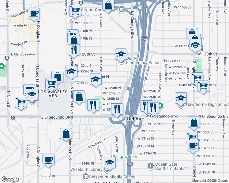 map of restaurants, bars, coffee shops, grocery stores, and more near 5308 West 124th Place in Hawthorne