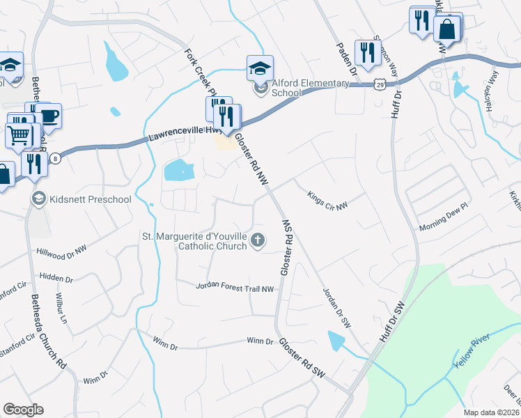 map of restaurants, bars, coffee shops, grocery stores, and more near 2728 Rosemont Drive Northwest in Lawrenceville