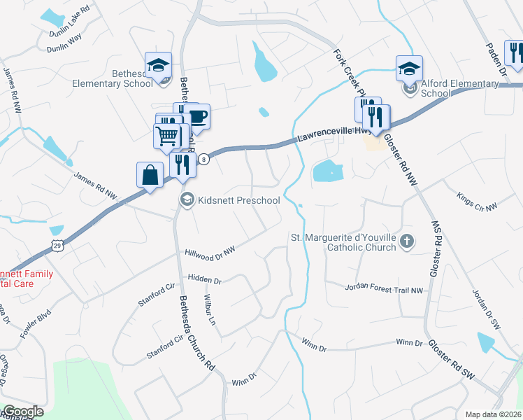 map of restaurants, bars, coffee shops, grocery stores, and more near 291 Amberwood Drive Northwest in Lawrenceville
