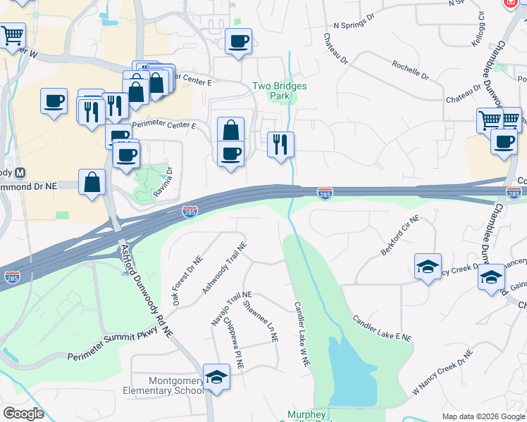 map of restaurants, bars, coffee shops, grocery stores, and more near 1462 Oak Forest Court Northeast in Atlanta