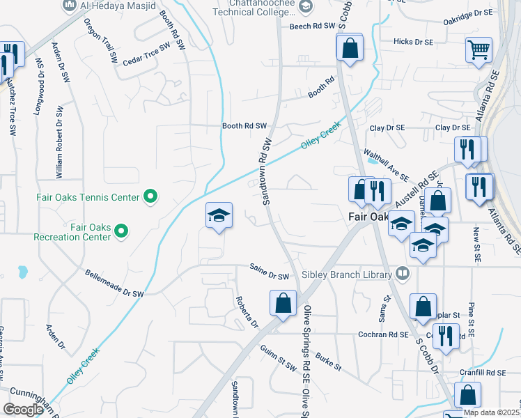 map of restaurants, bars, coffee shops, grocery stores, and more near 1386 Sandtown Road Southwest in Marietta