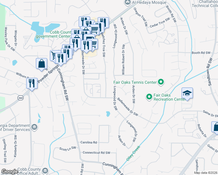 map of restaurants, bars, coffee shops, grocery stores, and more near 1365 Natchez Trce Southwest in Marietta