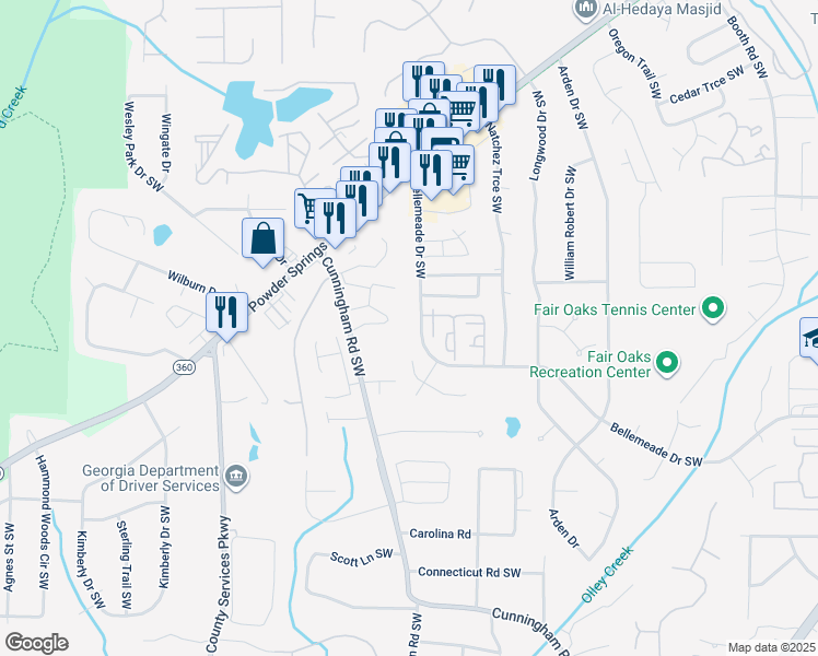 map of restaurants, bars, coffee shops, grocery stores, and more near 696a Bellemeade Drive Southwest in Marietta