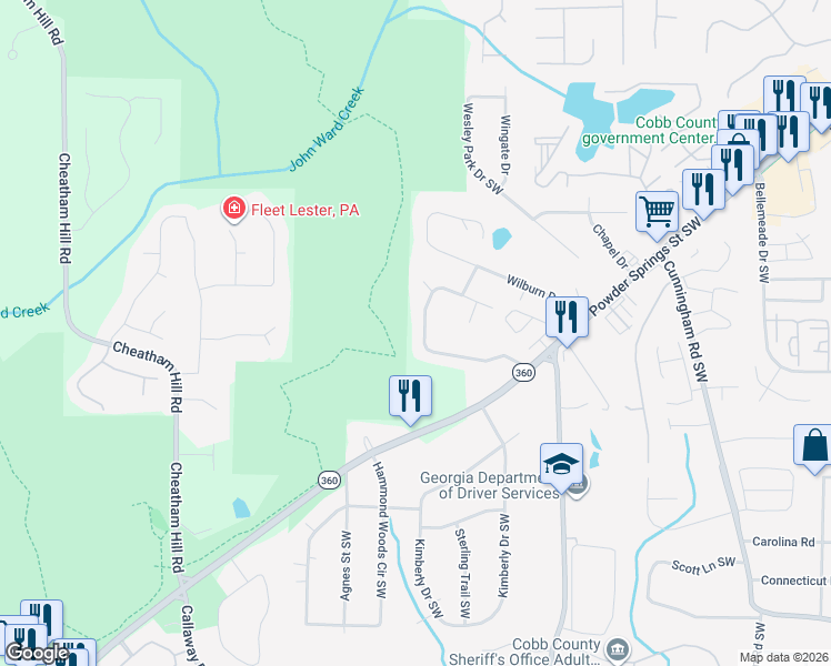 map of restaurants, bars, coffee shops, grocery stores, and more near 1115 Murray Circle Southwest in Marietta